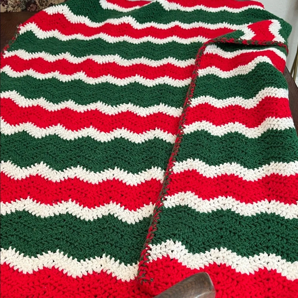 Festive handmade crochet Throw Blanket - Red, Green, and White. Size 41” x 36”